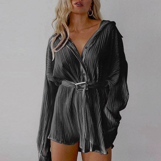 Belted Pleated Shirt Dress