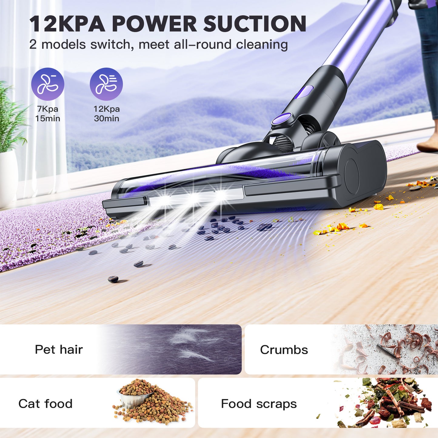 12kPa High-Suction Teendow V07 Cordless Stick Vacuum Cleaner with LED light, 2-Level Speed, Up to 35min Runtime