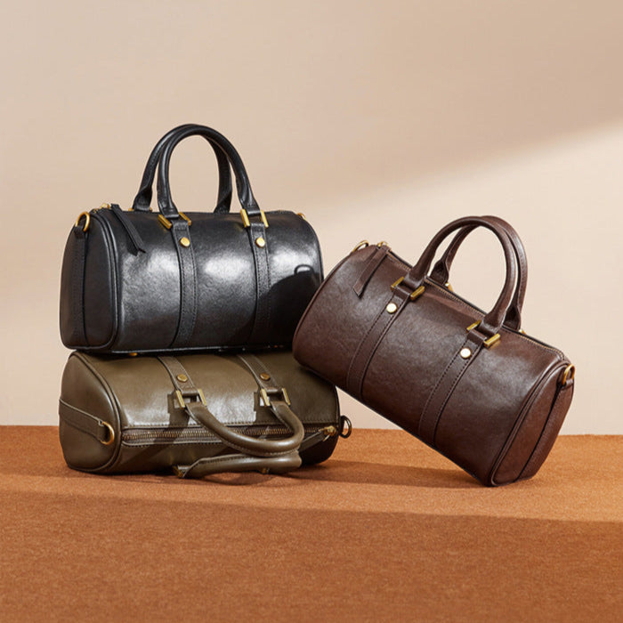 Genuine Cowhide Leather Boston Handbag with Crossbody Strap