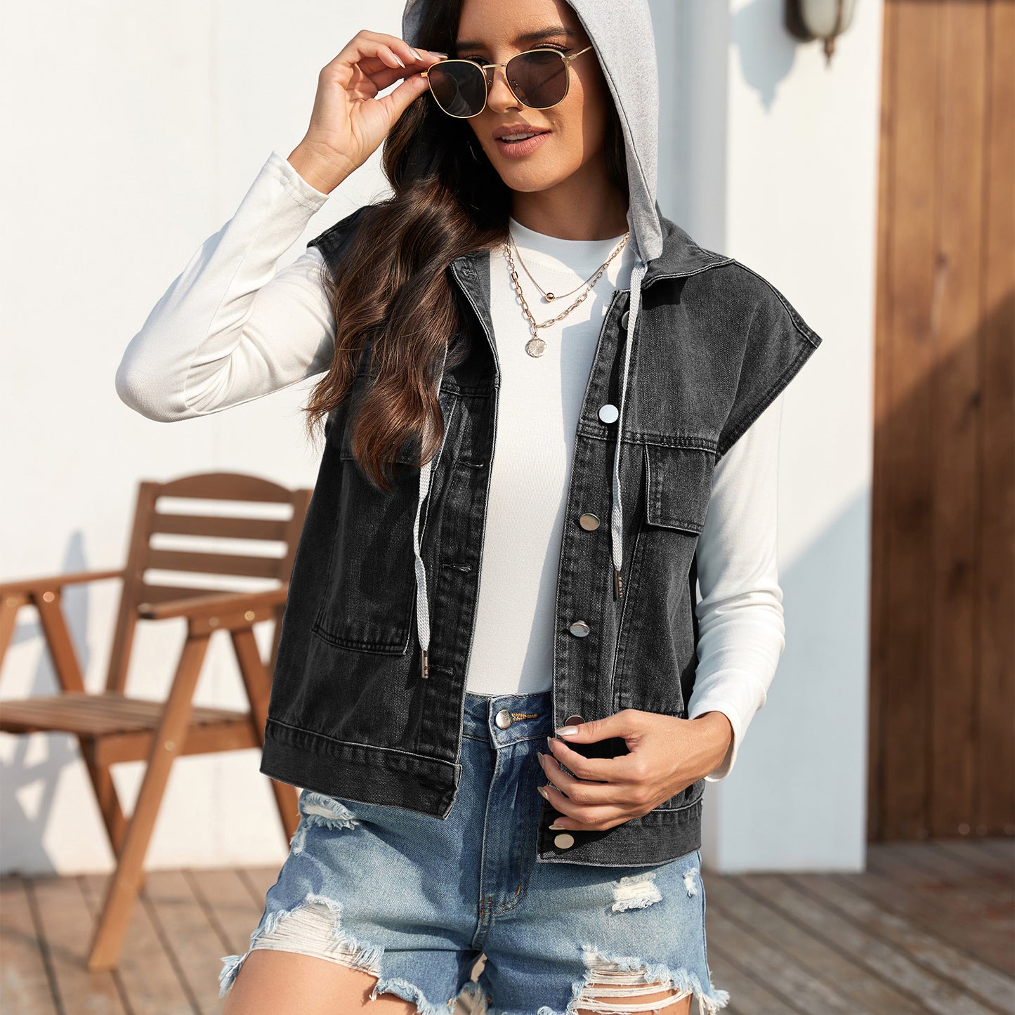 Double Pocket Sleeveless Denim Jacket with Detachable Hood