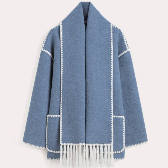 Draped Wool-Blend Coat with Fringed Scarf