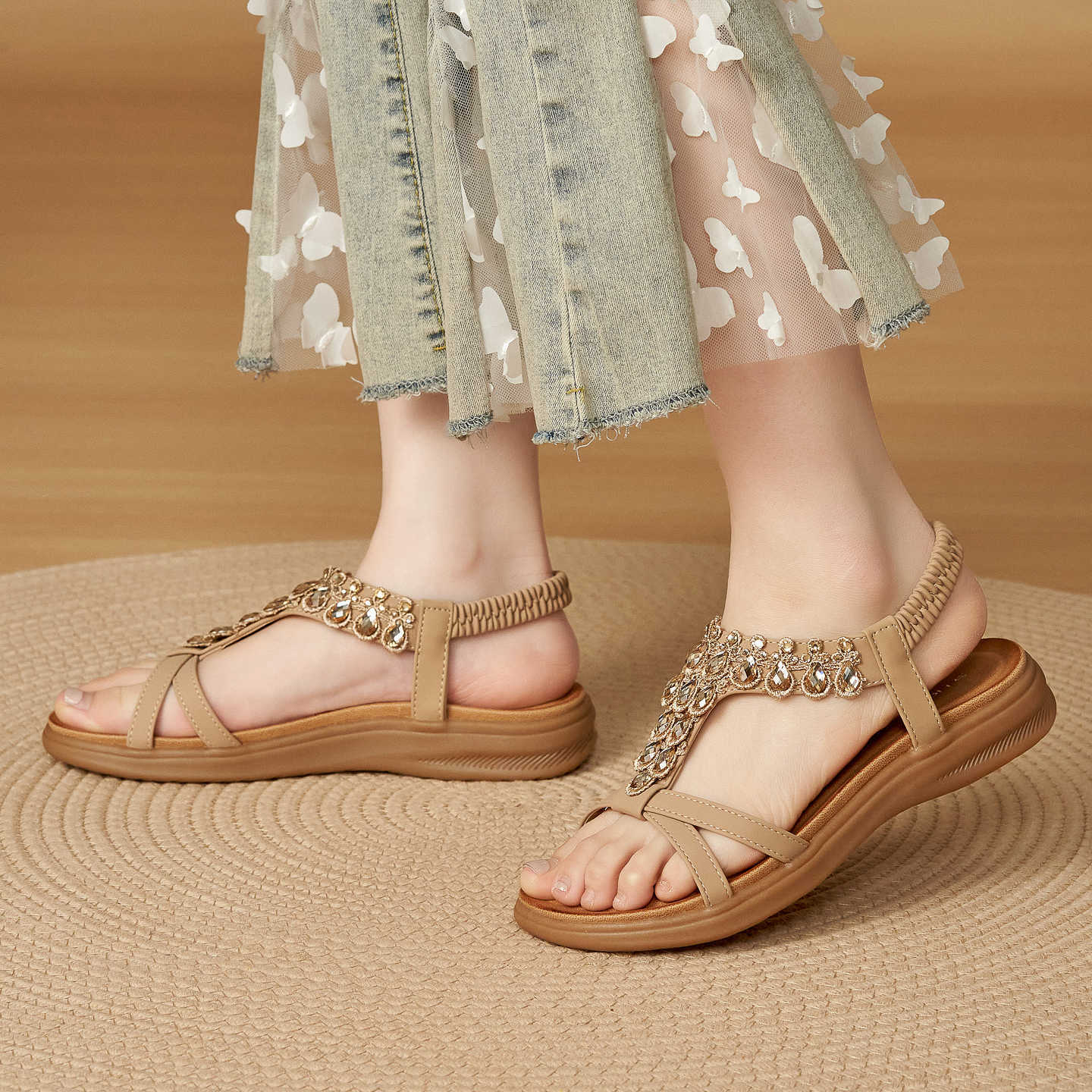 Boho Rhinestone Flat Sandals