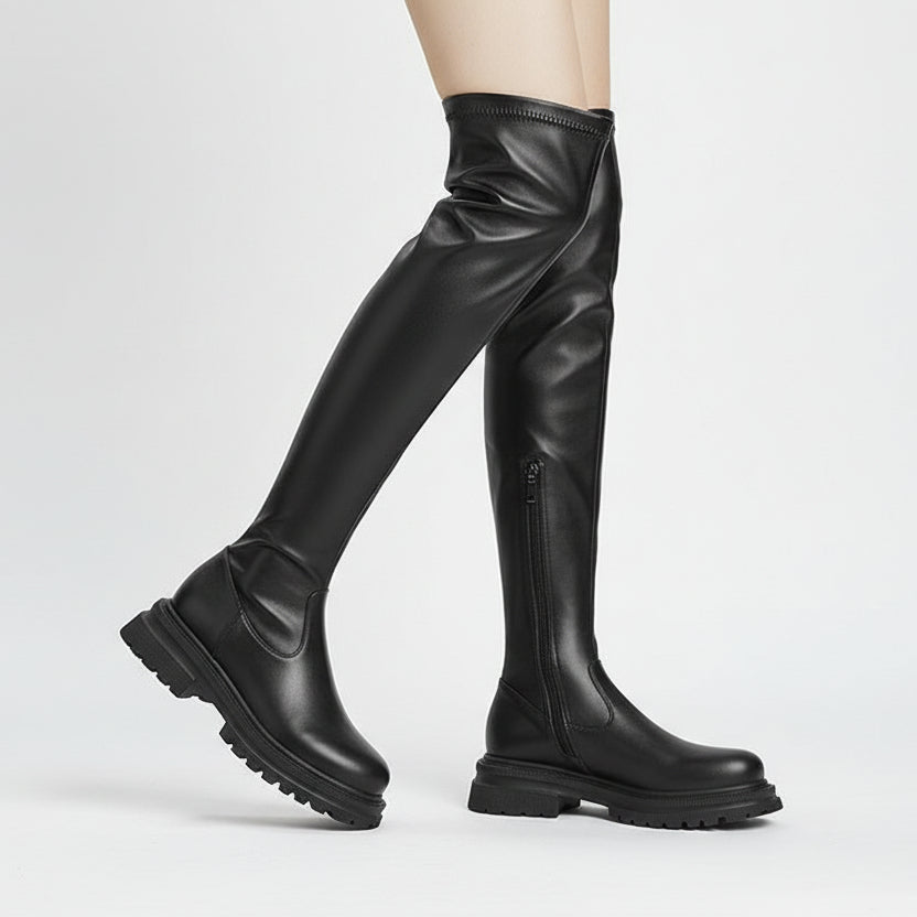 Chunky Over-The-Knee Leather Boots