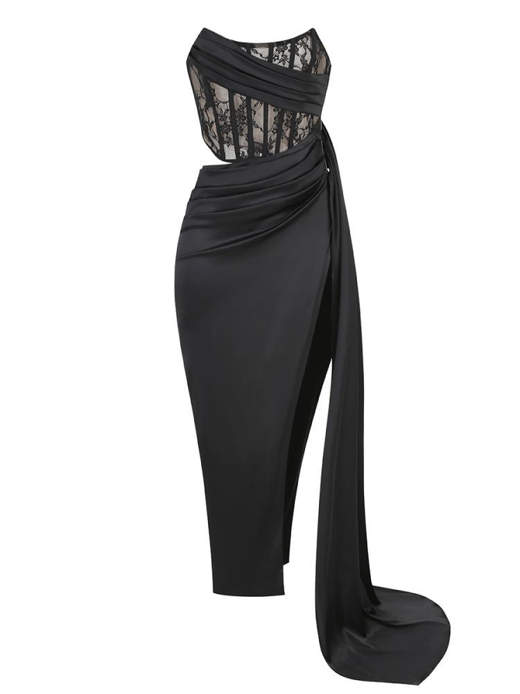 Strapless Lace Corset  Draped Floor-Length Dress