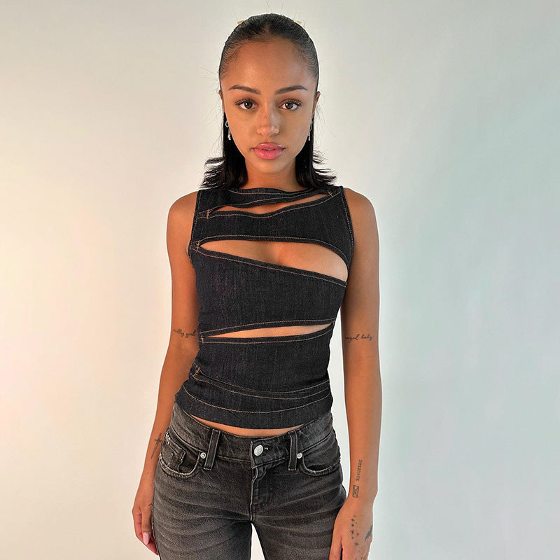 Faux Denim Cut-Out Tank Top