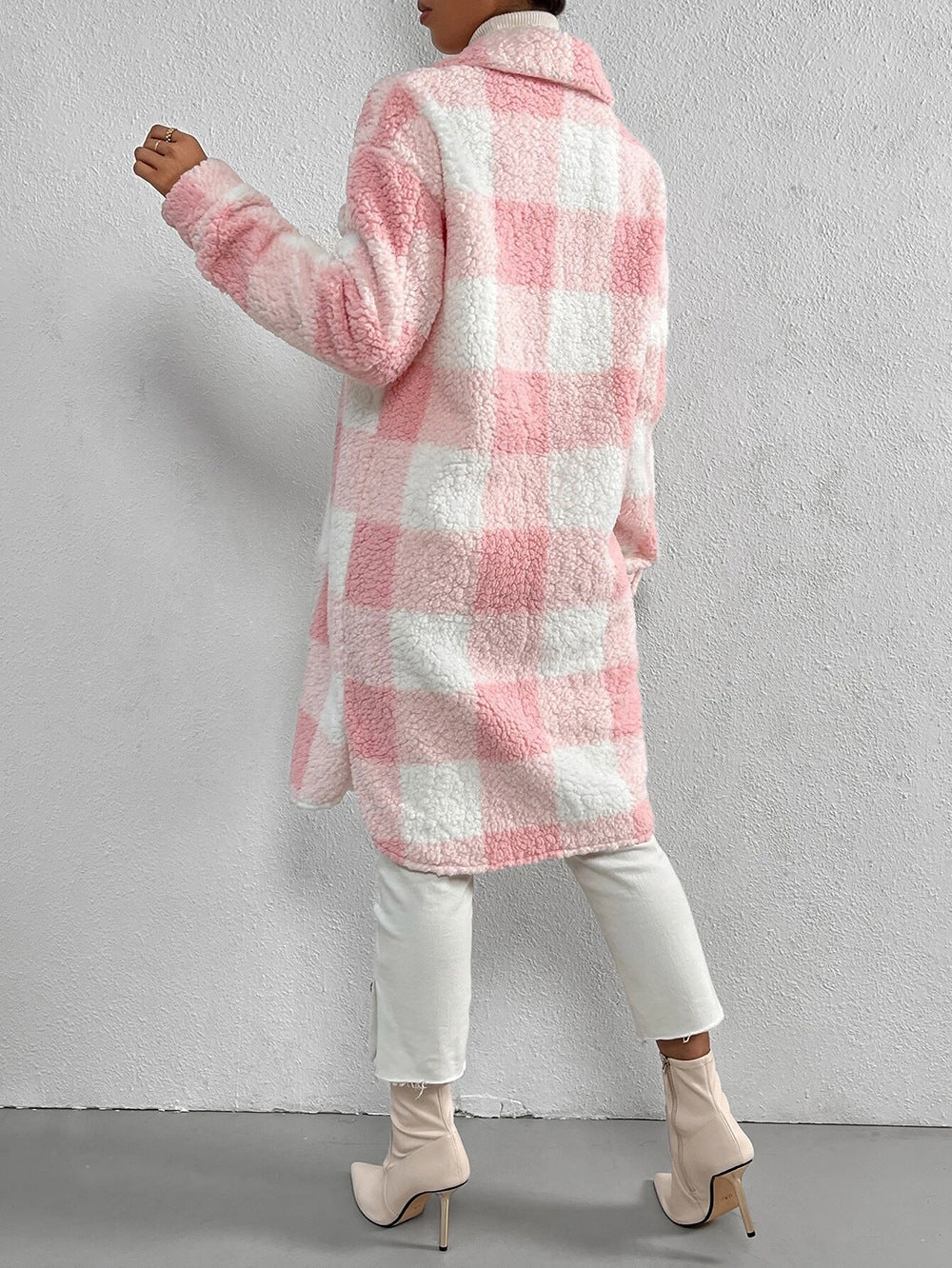 Open Button Lapel Plush Plaid Long Coat