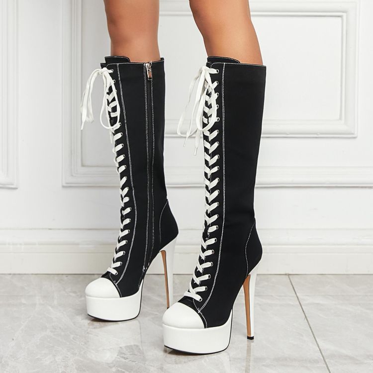 Canvas Stilettos Platform Knee-High Boots