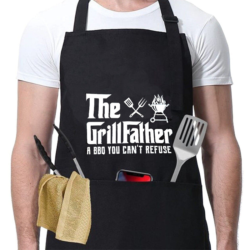 Kitchen BBQ Letter Print Apron with 3 Pockets and Adjustable Neck Strap, Water Resistant