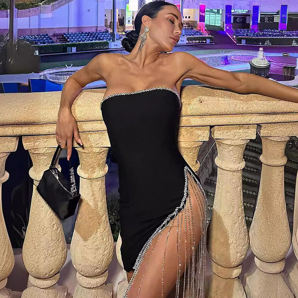 Thigh Slit Fringed Tube Mini Dress