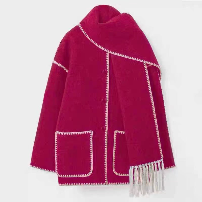 Draped Wool-Blend Coat with Fringed Scarf