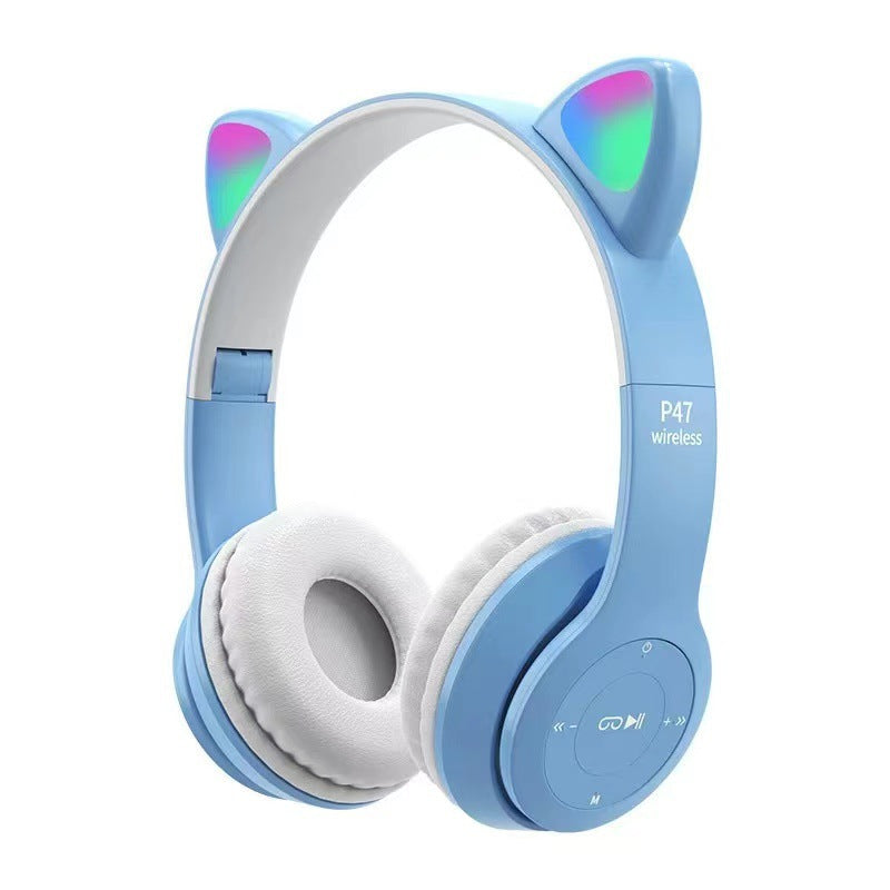 P47M Wireless Cat Ear Bluetooth Headphones with RGB LED lights, 3.5mm AUX Jack, TF Card Slot