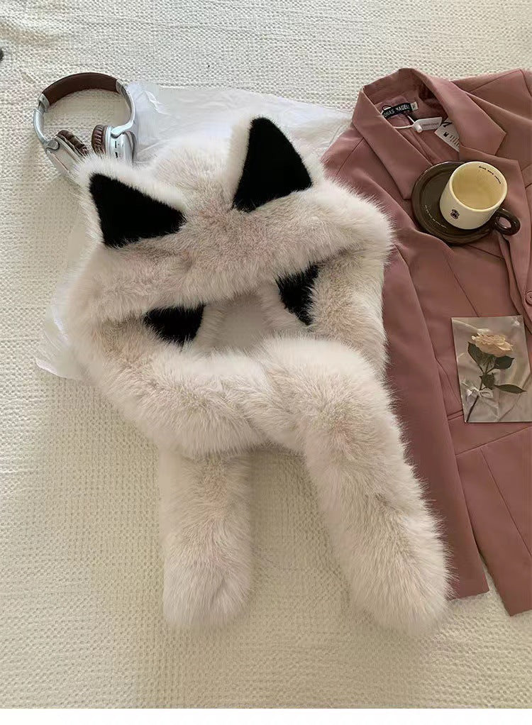 2-in-1 Cute Fox Ears Plush Warm Hat Scarf