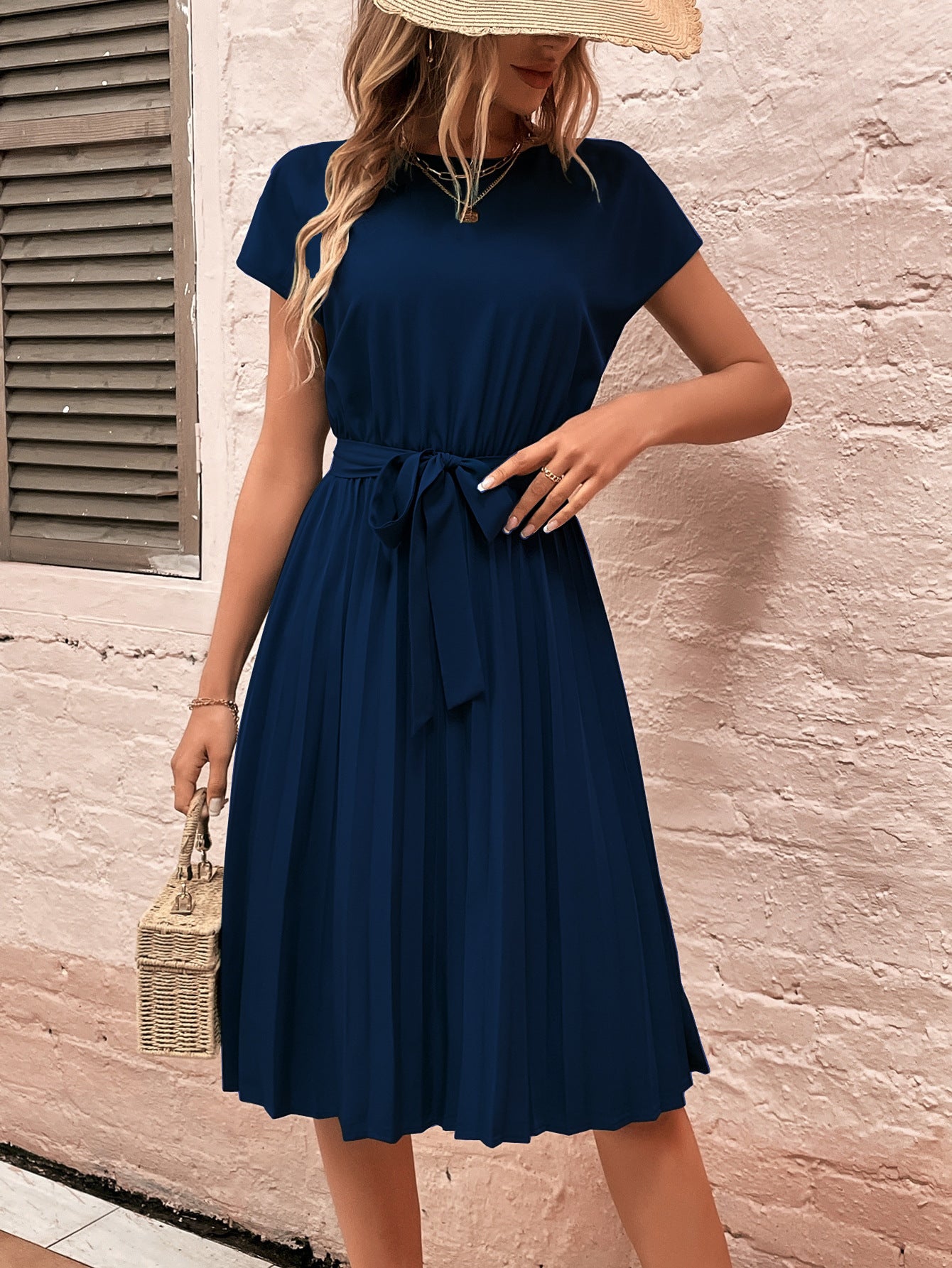 Solid Tie-Front Pleated Midi Dress