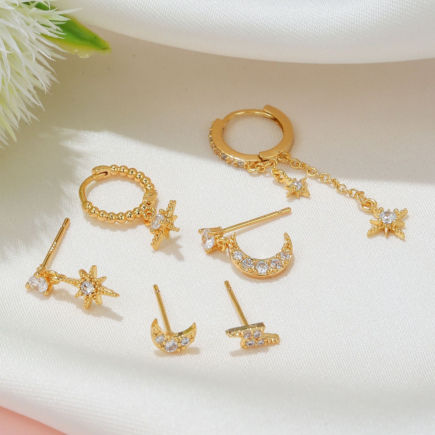 6Pcs 18k Gold Star-Moon Asymmetric Earrings Set