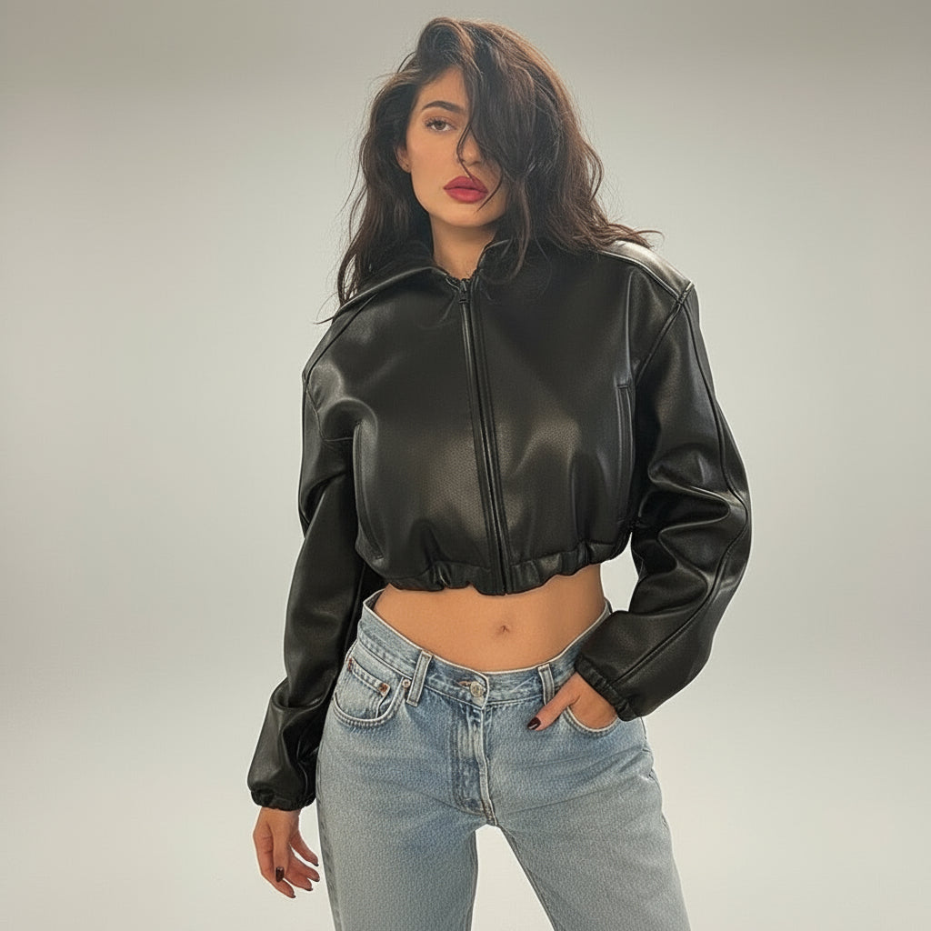 Faux Leather Cropped Hooded Jacket