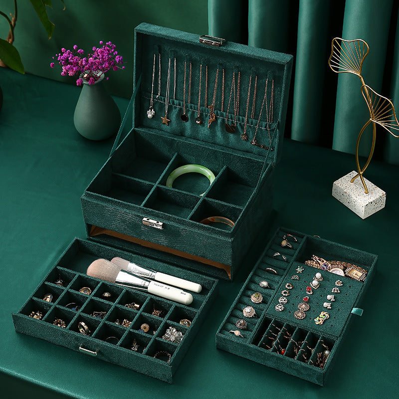 3-Layer Green Velvet Jewelry Organizer Box
