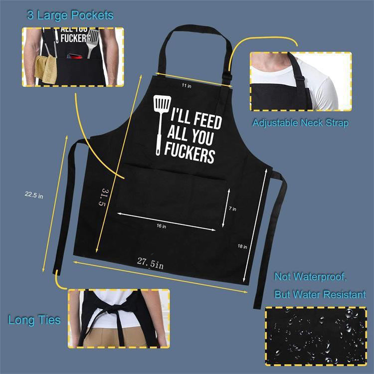 Kitchen BBQ Letter Print Apron with 3 Pockets and Adjustable Neck Strap, Water Resistant