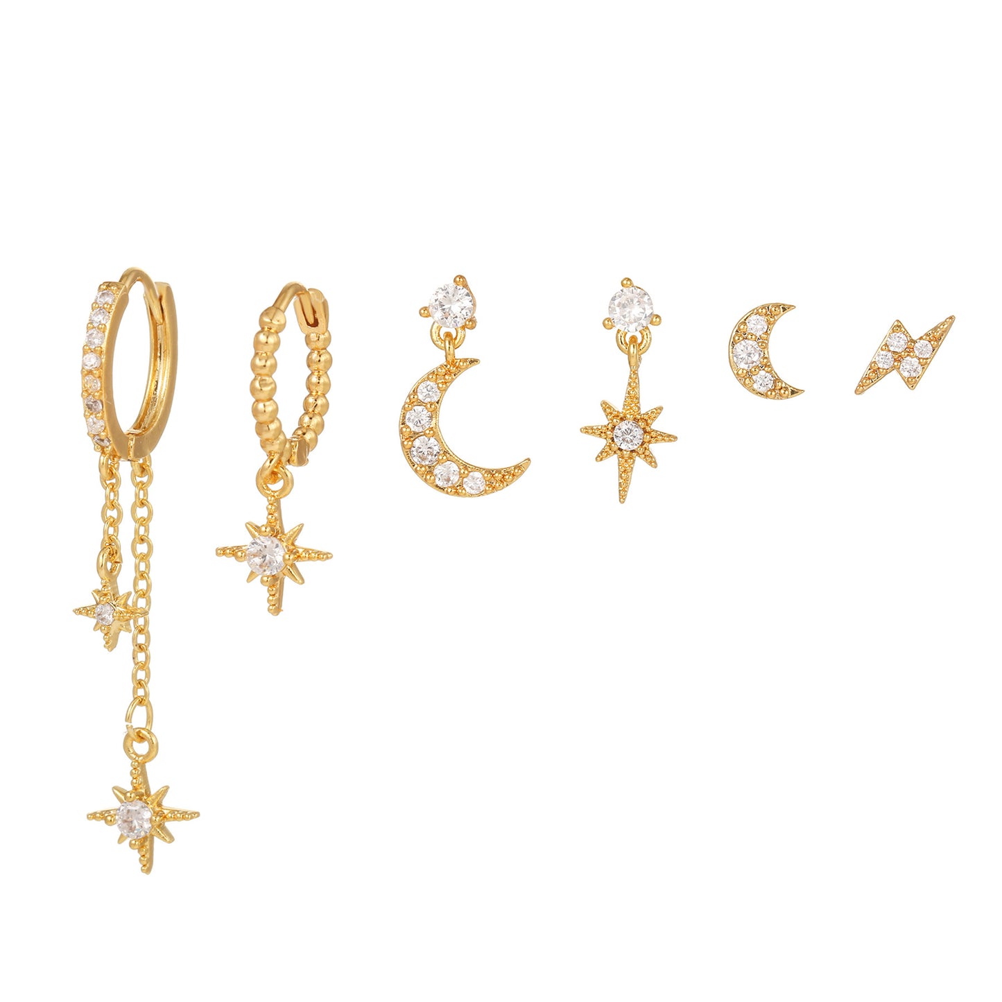 6Pcs 18k Gold Star-Moon Asymmetric Earrings Set