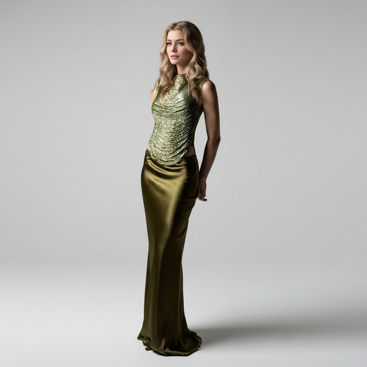 2-Piece Sparkly Tassel Top with Maxi Dress