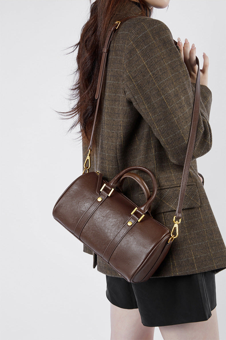 Genuine Cowhide Leather Boston Handbag with Crossbody Strap