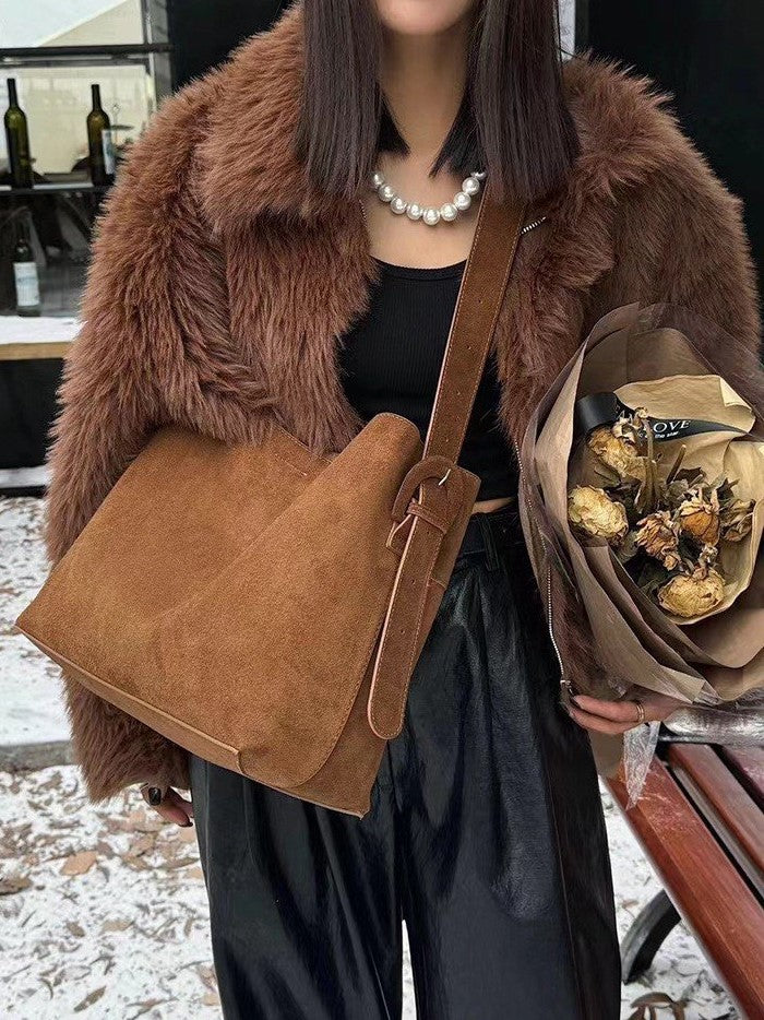 Retro Suede Tote Shoulder Bag – Genuine Cowhide Leather