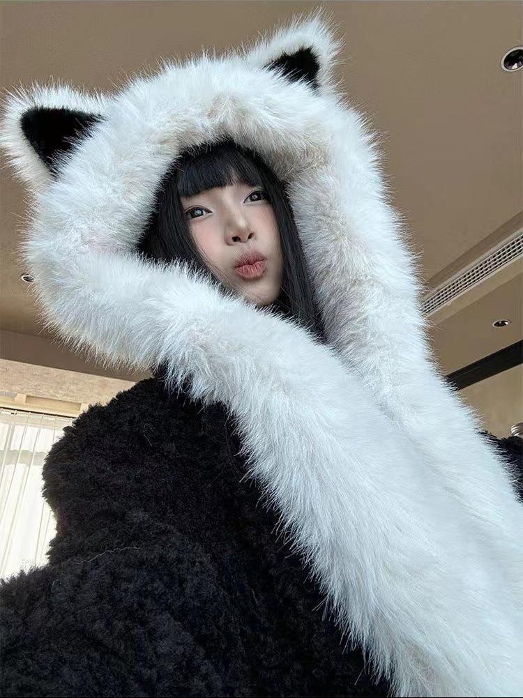 2-in-1 Cute Fox Ears Plush Warm Hat Scarf