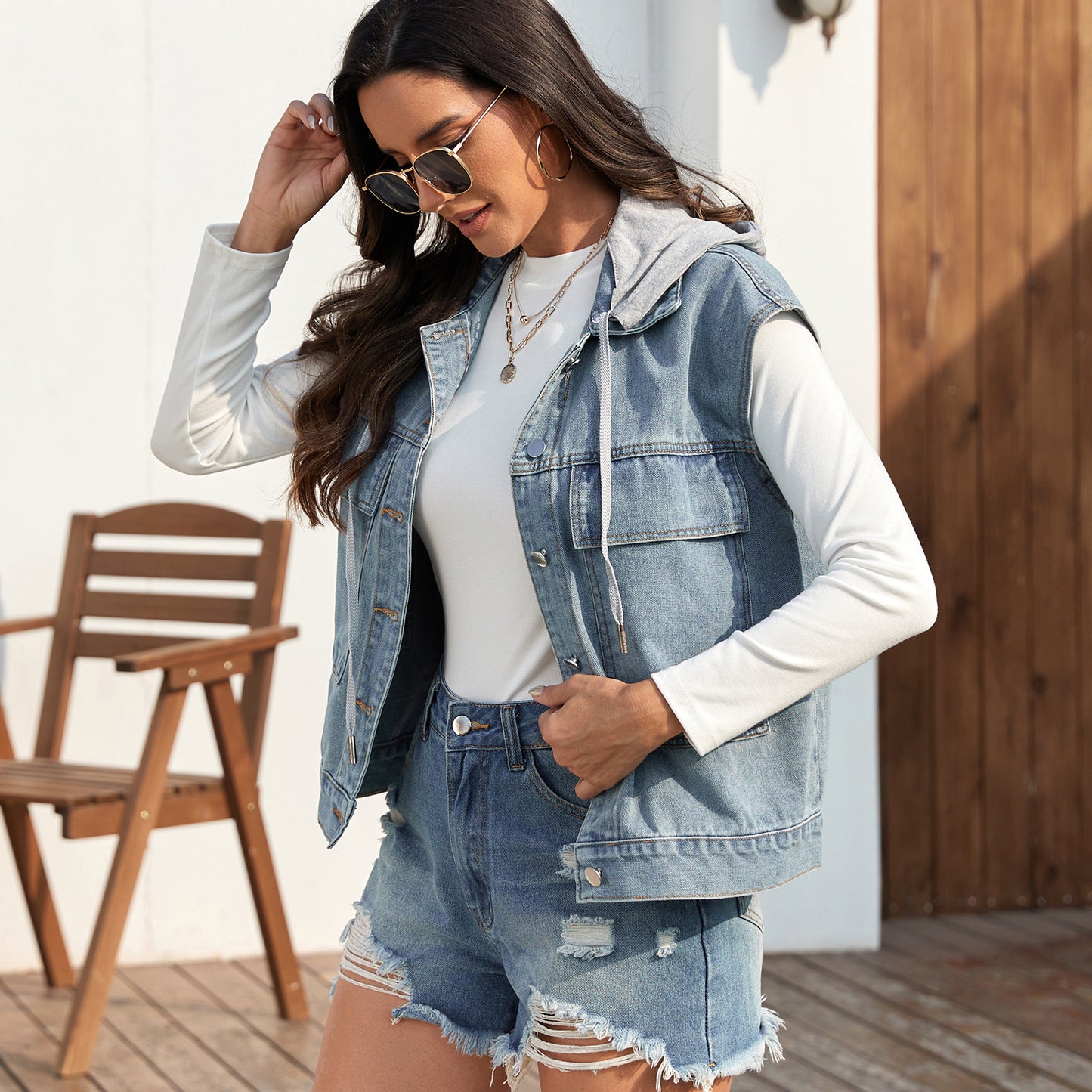 Double Pocket Sleeveless Denim Jacket with Detachable Hood