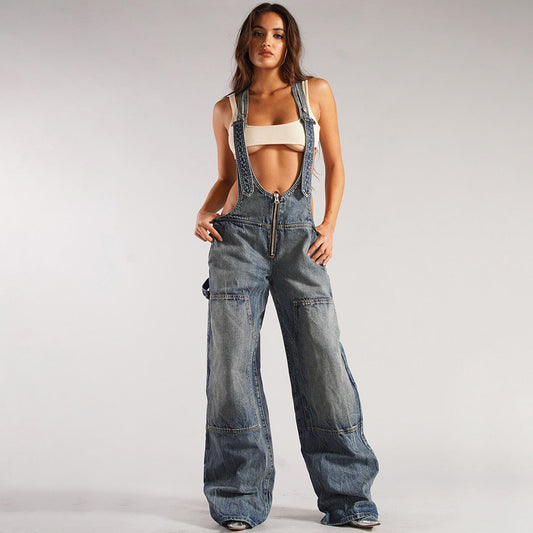 Denim Plunge Overalls