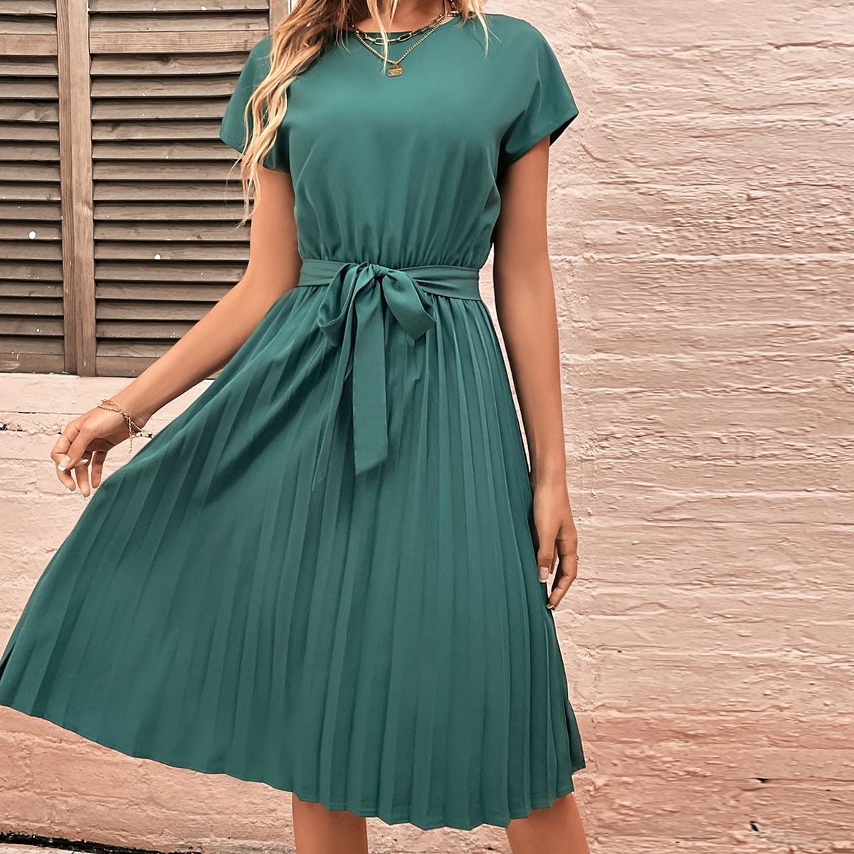 Solid Tie-Front Pleated Midi Dress