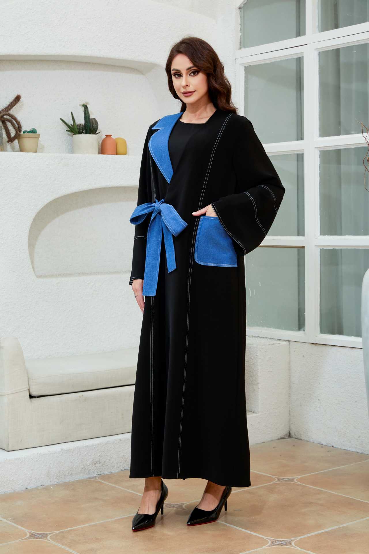 Tie-Waist Contrast Abaya