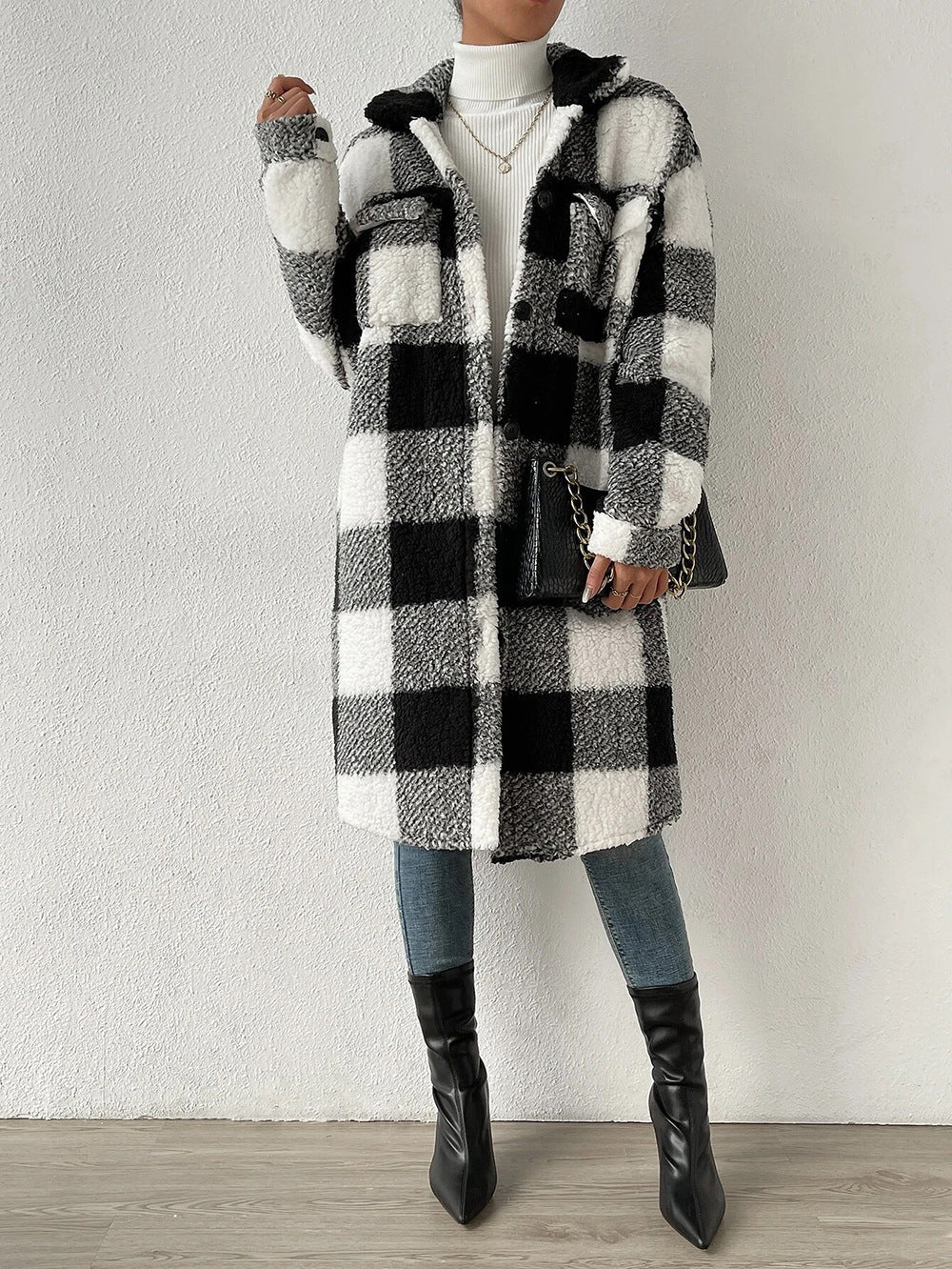 Open Button Lapel Plush Plaid Long Coat