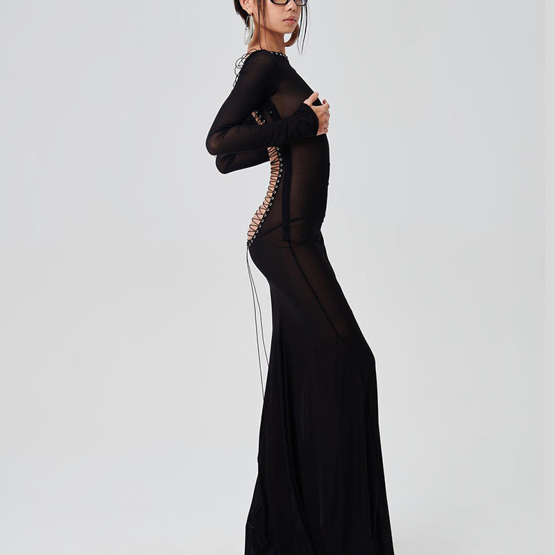 Tie-Up Open Back Mesh Sheer Maxi Dress