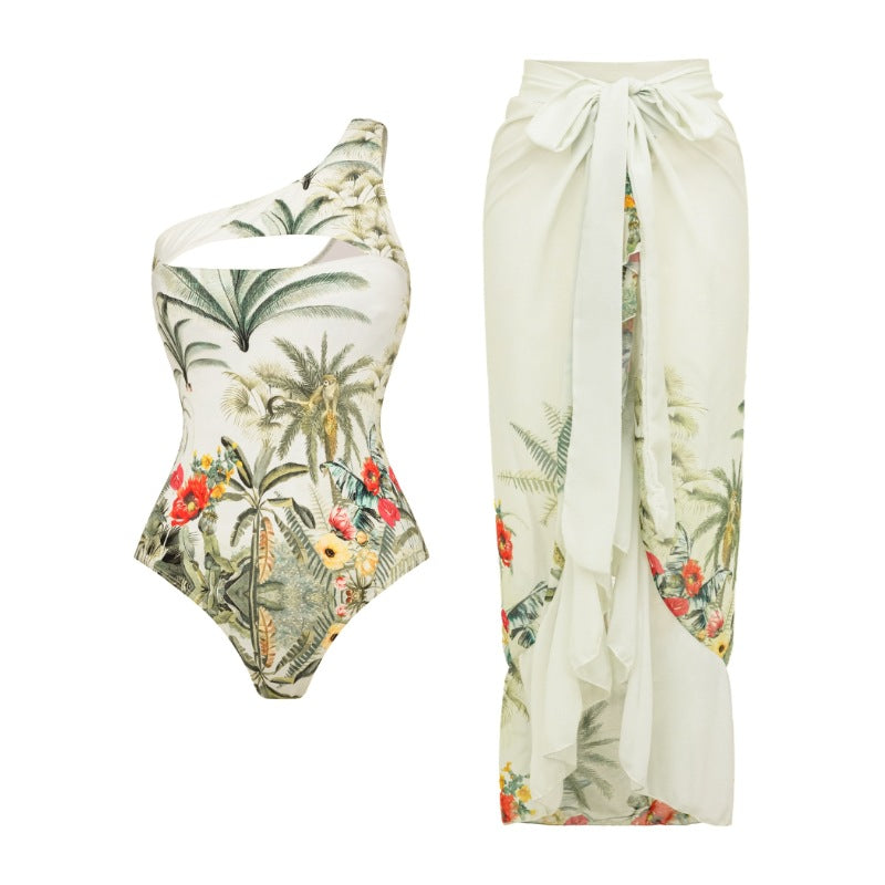 Two-Piece One-Shoulder Cutout Tropical Print Swimsuit with Skirt