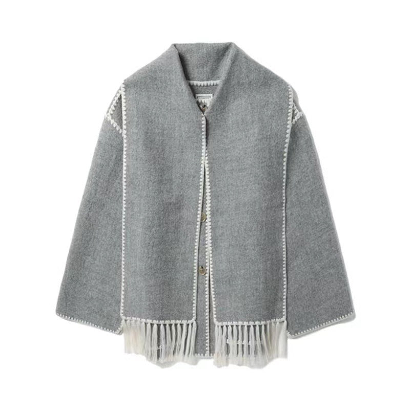 Draped Wool-Blend Coat with Fringed Scarf