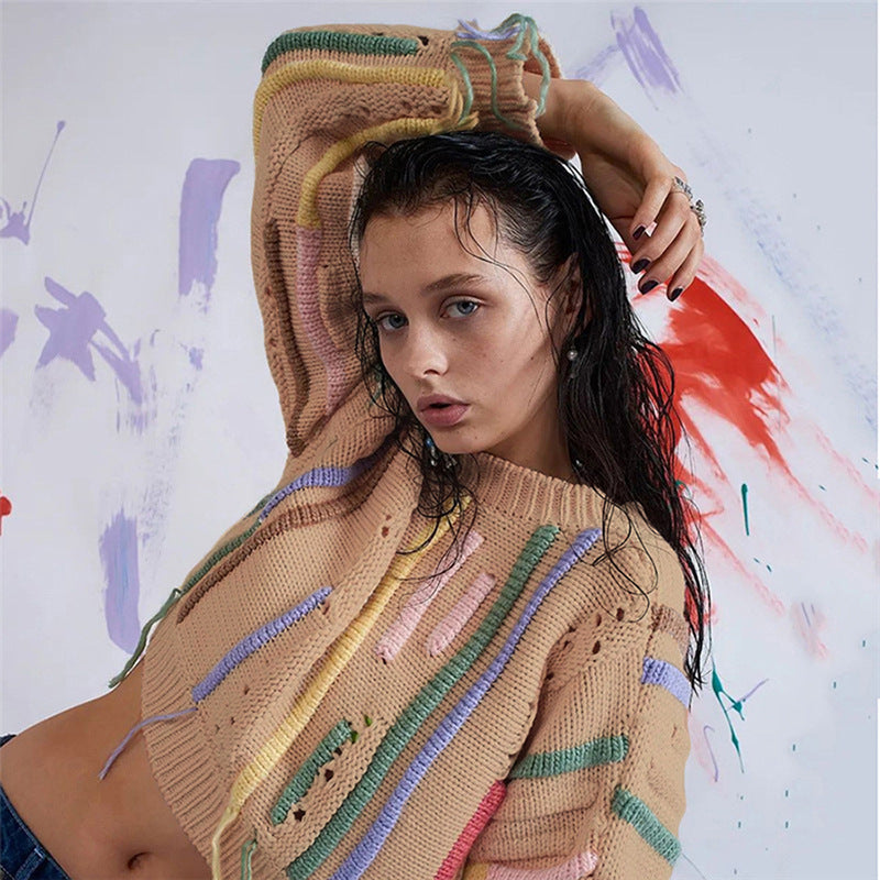 Distressed Cropped Knit Sweater