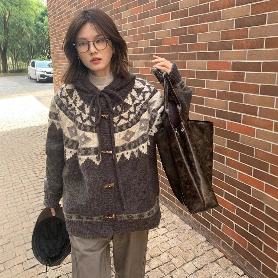 Fair Isle Knit Hooded Cardigan