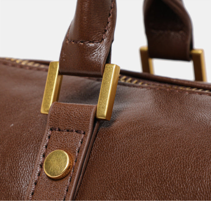 Genuine Cowhide Leather Boston Handbag with Crossbody Strap