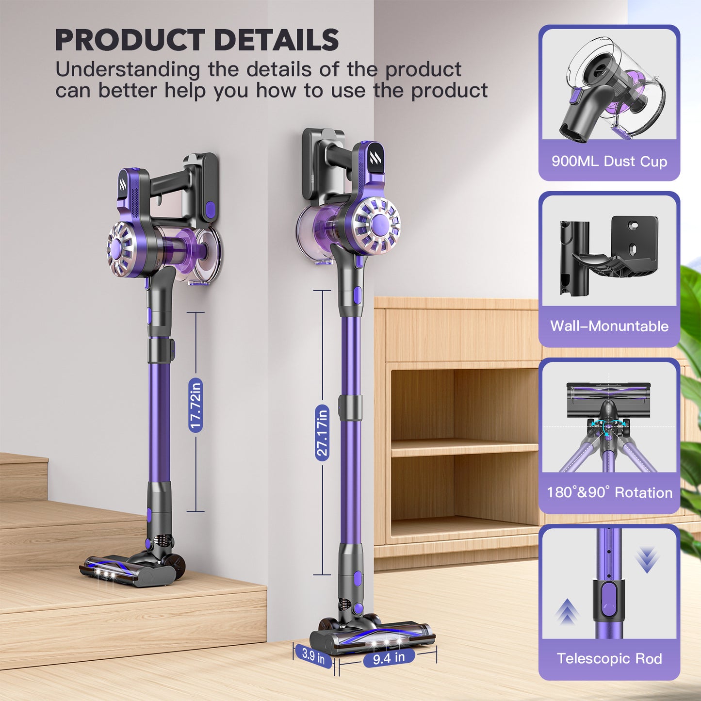 12kPa High-Suction Teendow V07 Cordless Stick Vacuum Cleaner with LED light, 2-Level Speed, Up to 35min Runtime