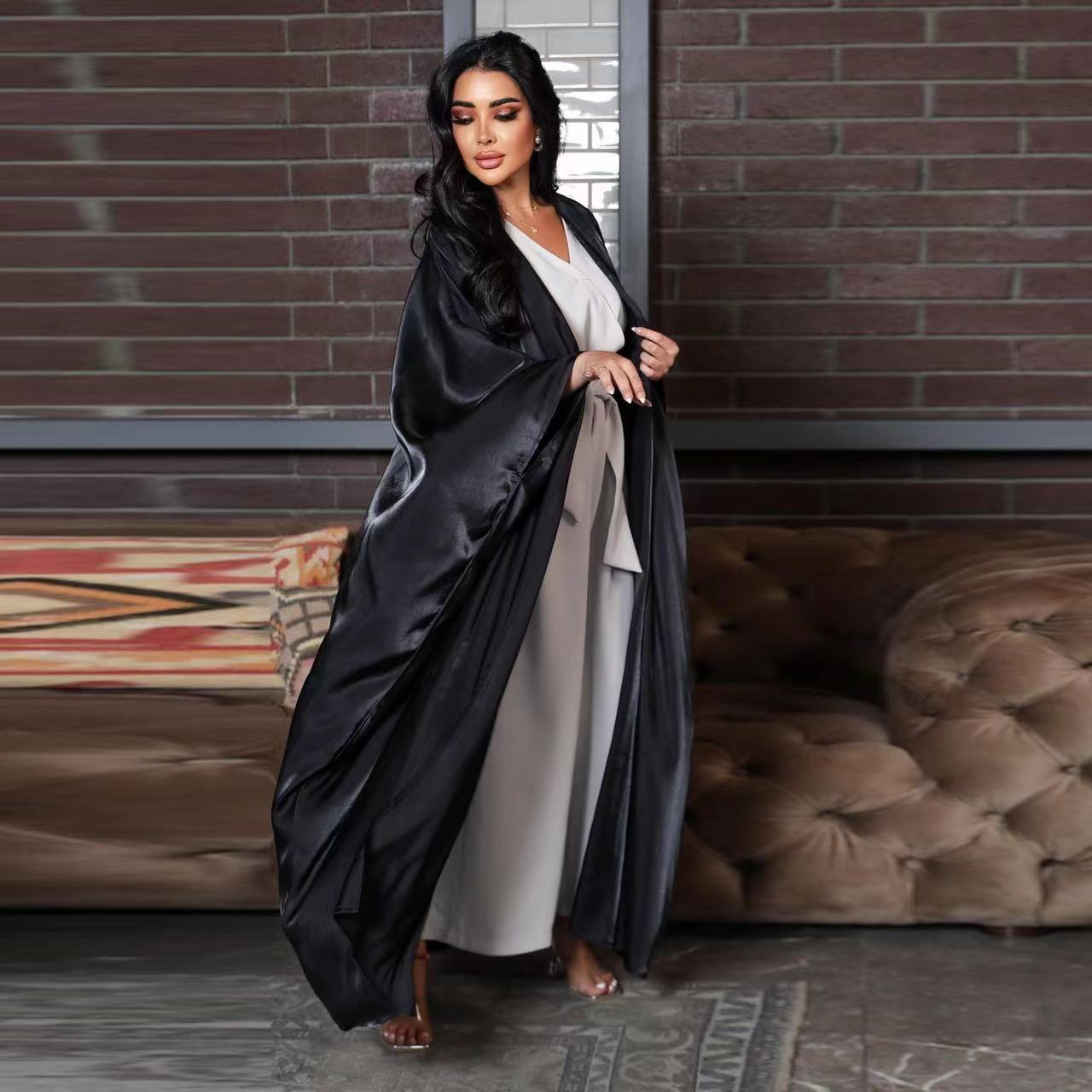 Silky Satin Batwing Sleeved Open Front Abaya