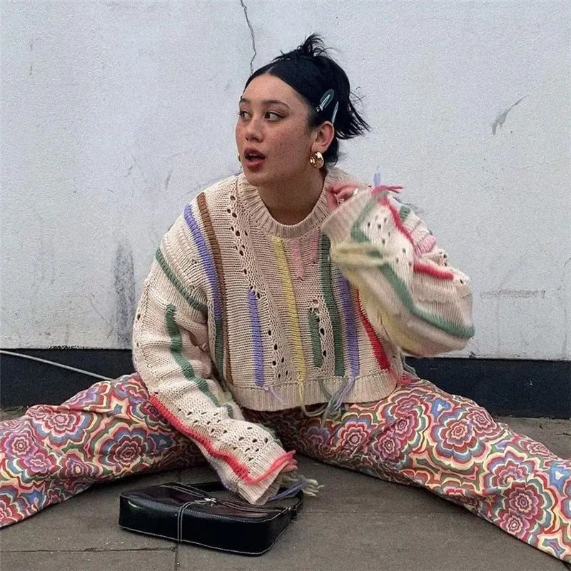 Distressed Cropped Knit Sweater