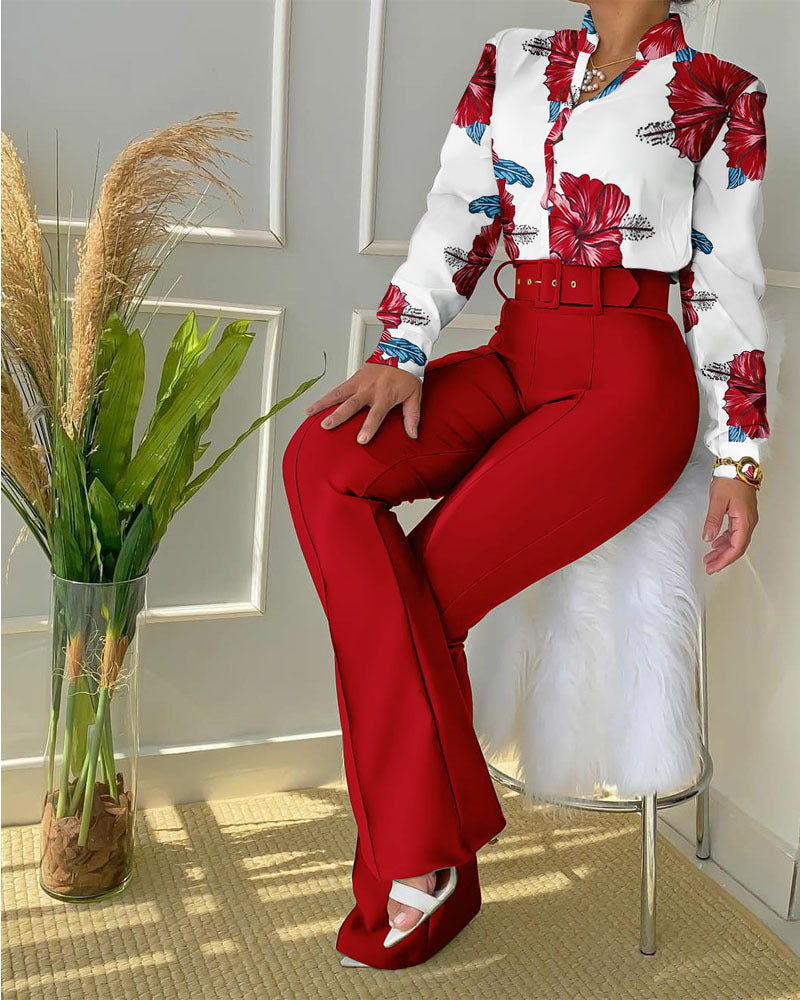 2-Piece Print Shirt & Solid Bootcut Pants with Belt
