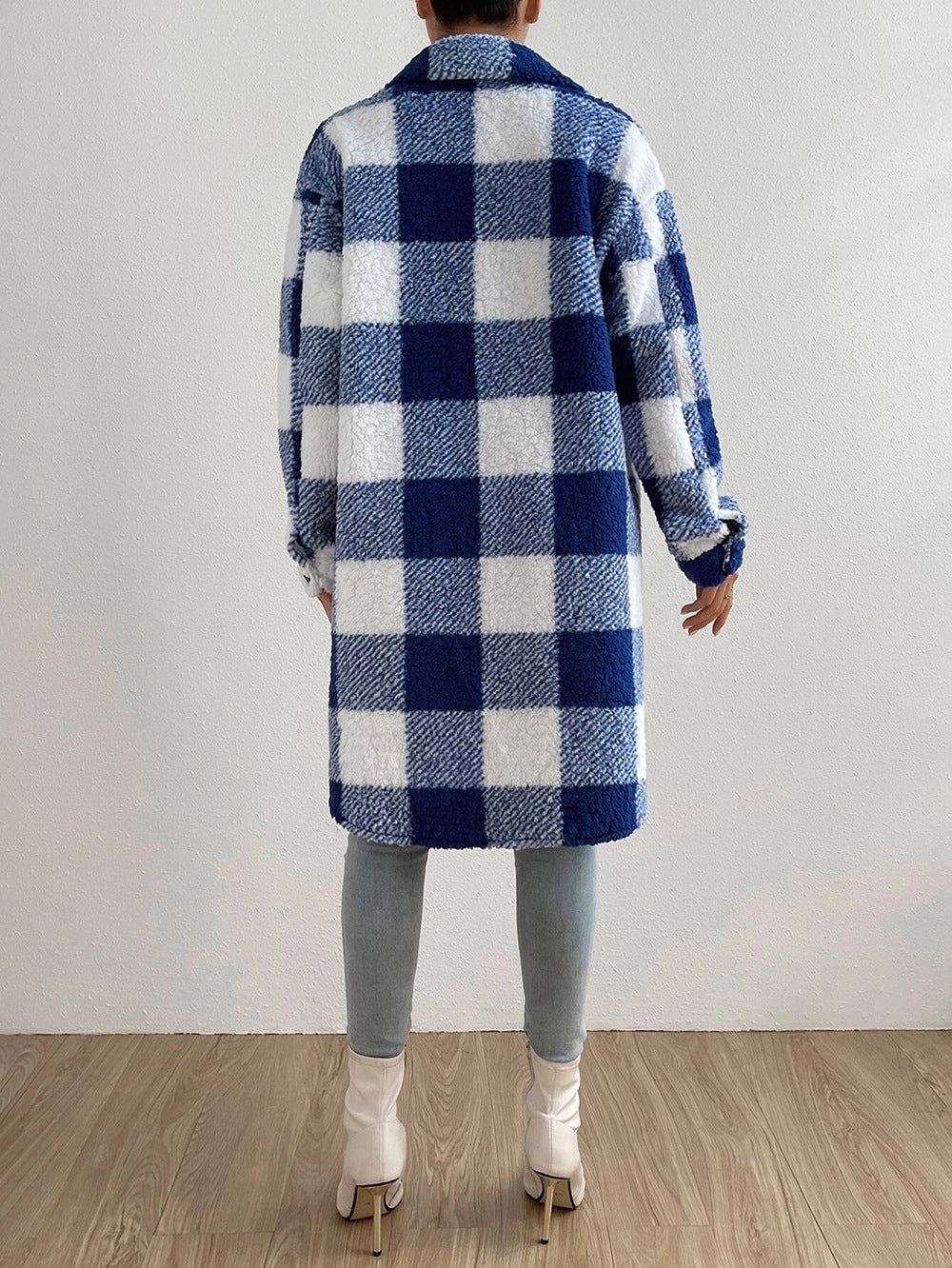 Open Button Lapel Plush Plaid Long Coat