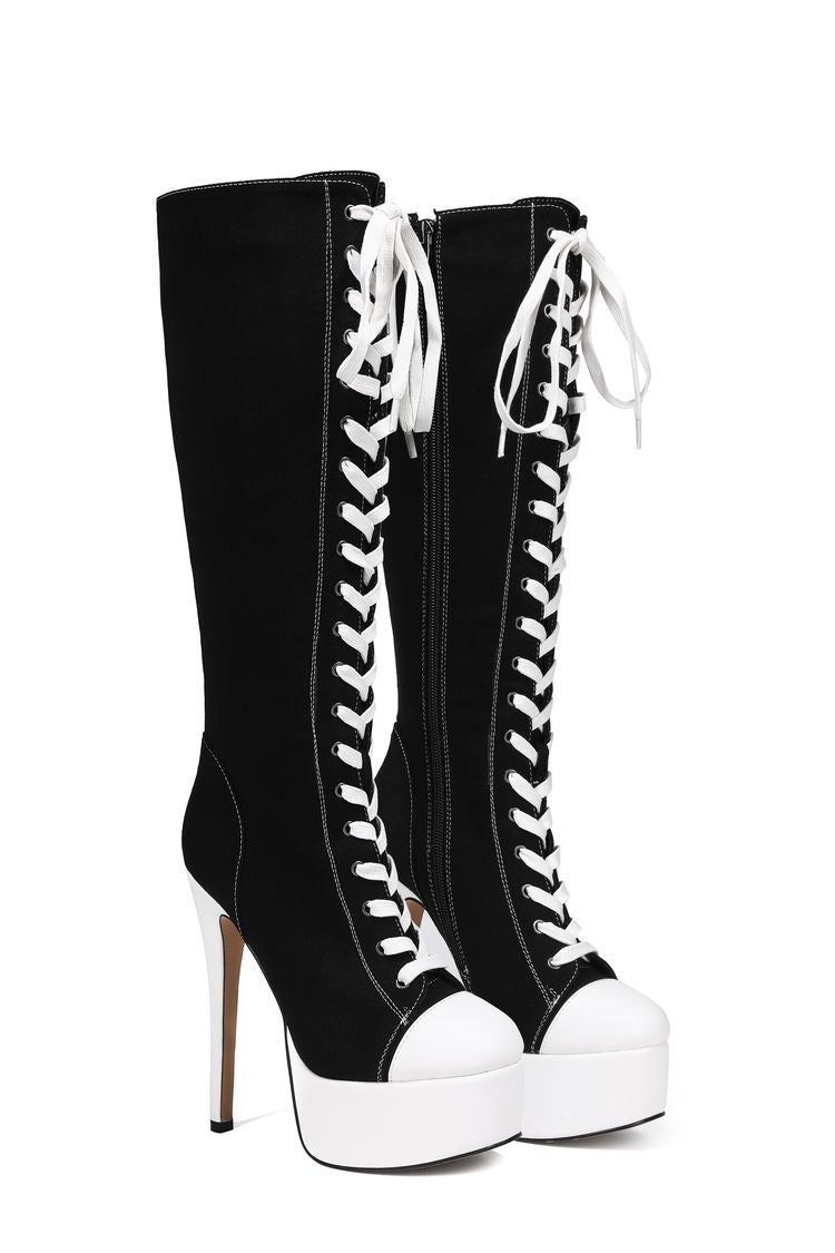 Canvas Platform Stiletto Knee-High Boots