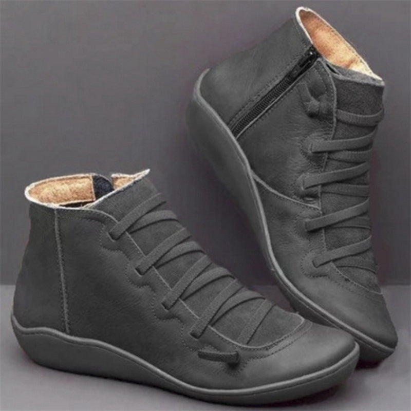 Side Zipper Flat Leather Boots