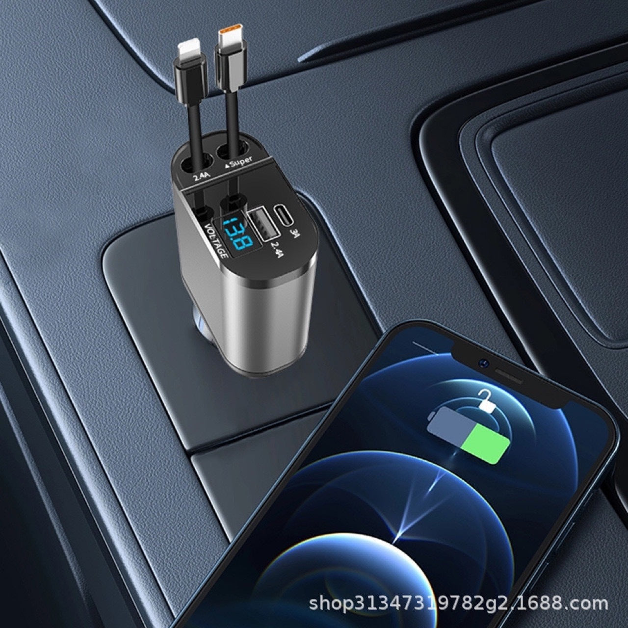 120W Retractable Car Charger with LED Display, Super Fast Charging