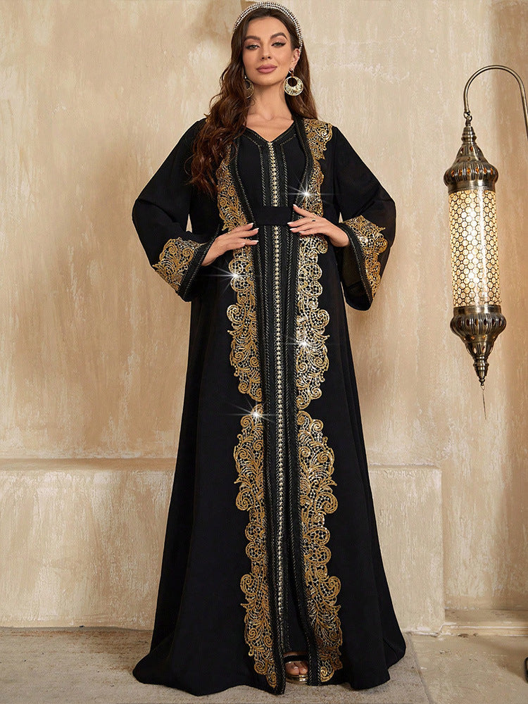 Two-Piece Gold Embroidered V-Neck Kaftan