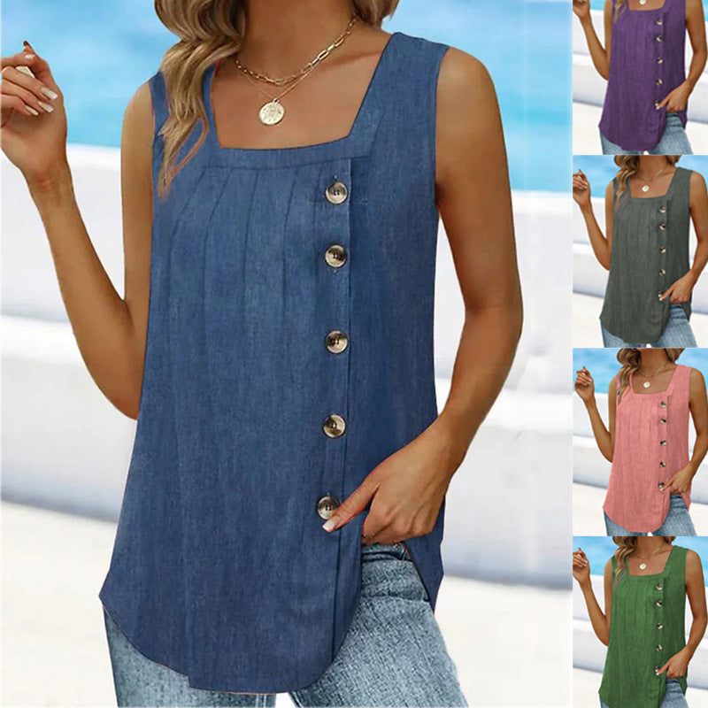 Square Neck Solid Sleeveless Button Up Tank Top