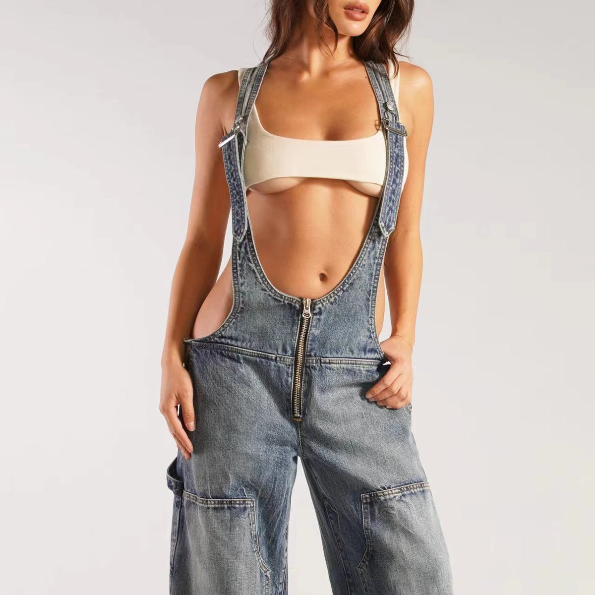 Denim Plunge Overalls