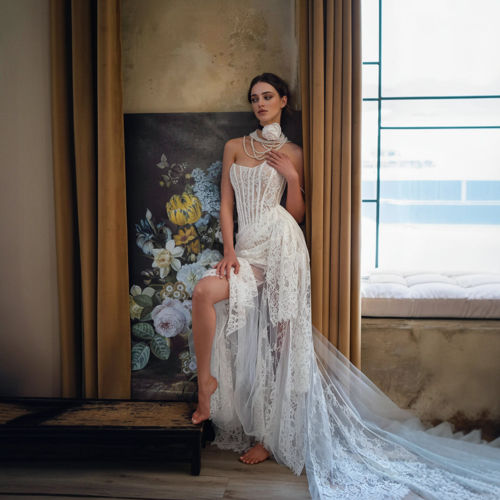 Strapless Lace Corset Bridal Gown with Sheer Skirt & Train