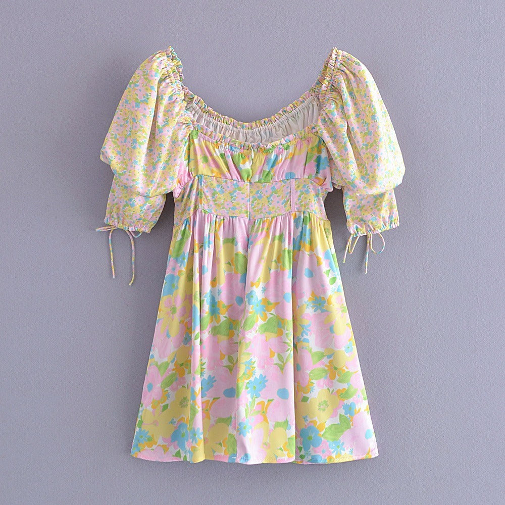 Floral Print Puff Sleeved Mini Dress